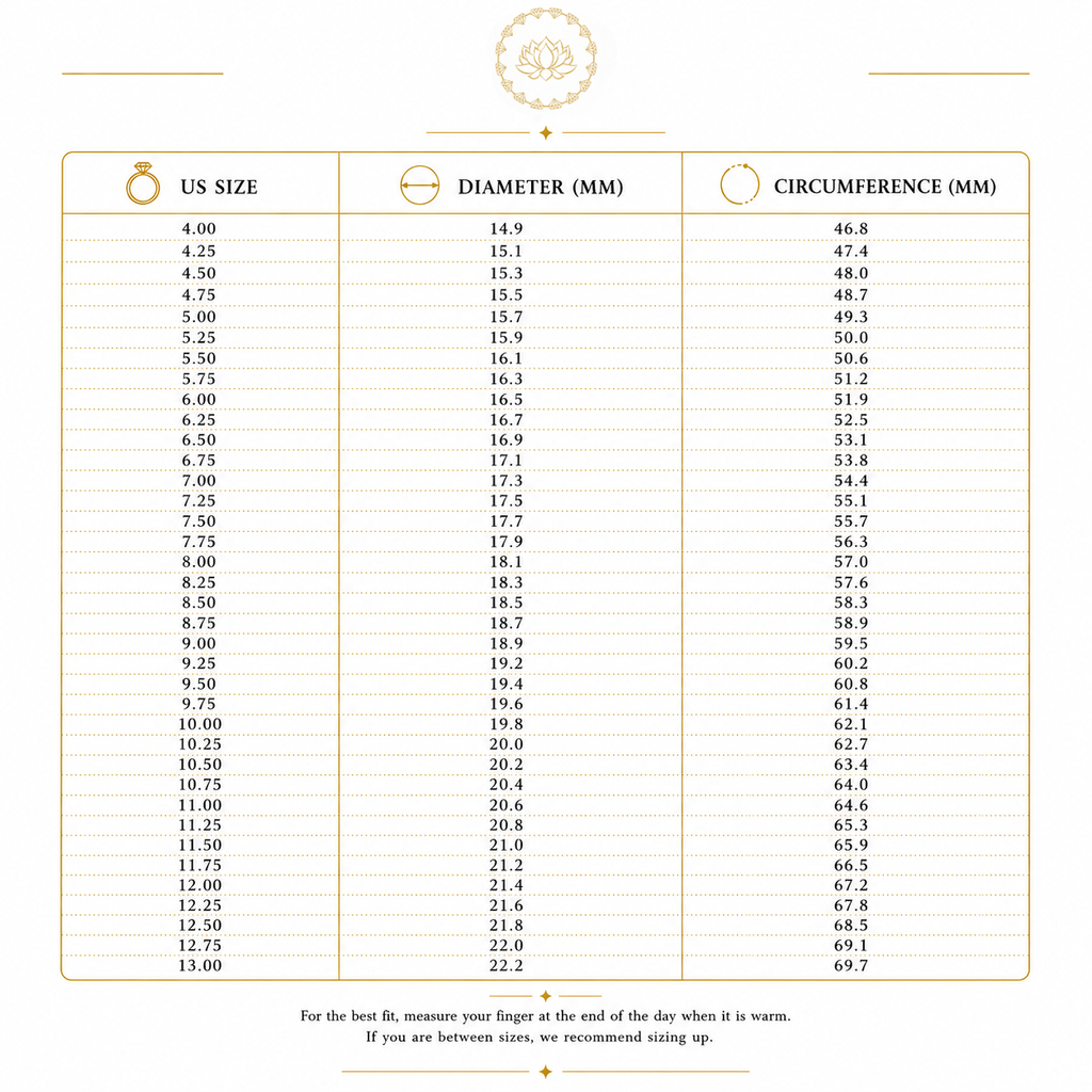A size chart table showing US size, diameter in millimeters, and circumference in millimeters with a gold ring icon and a gold emblem at the top on a white background.