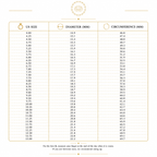 A size chart table showing US size, diameter in millimeters, and circumference in millimeters with a gold ring icon and a gold emblem at the top on a white background.
