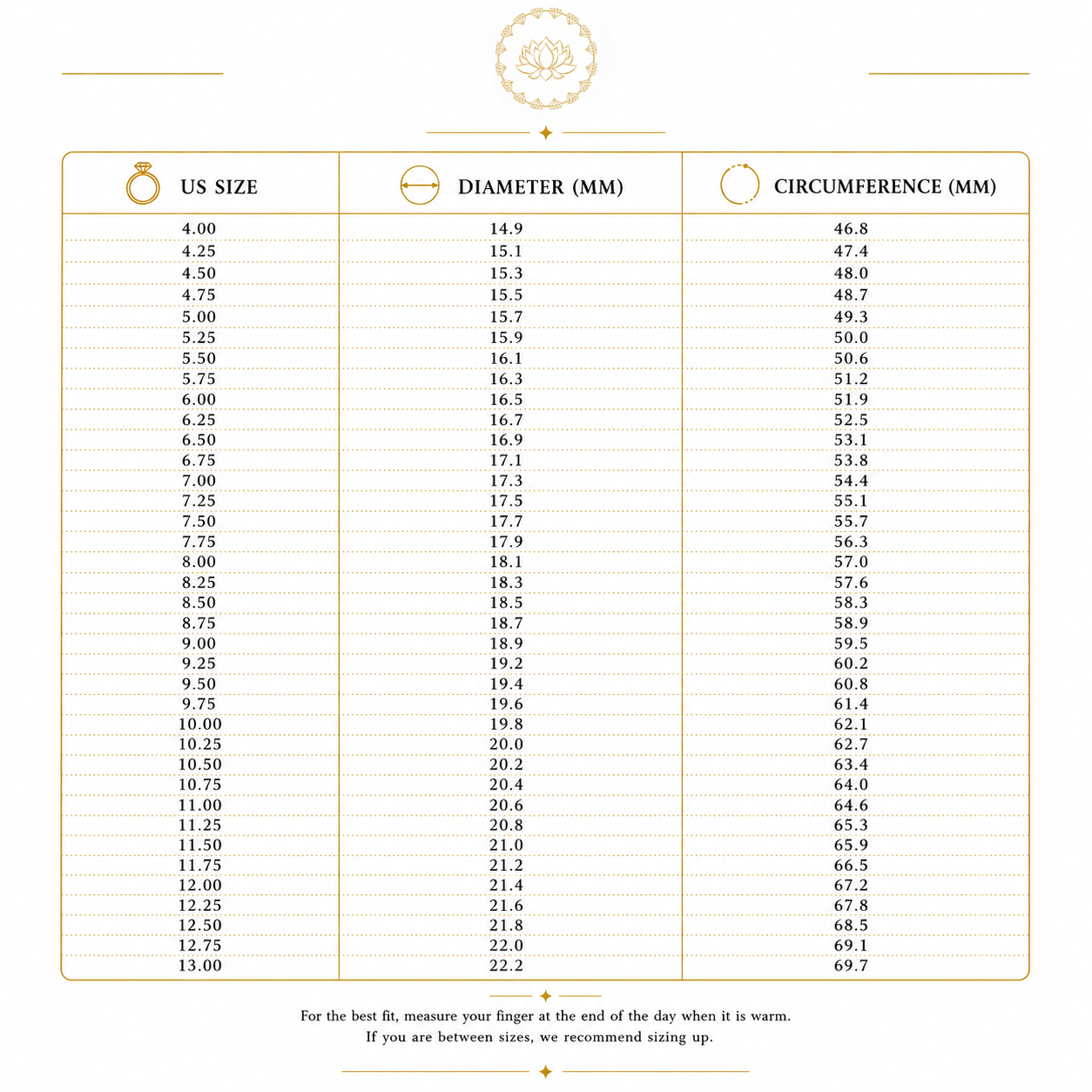 A size chart table showing US size, diameter in millimeters, and circumference in millimeters with a gold ring icon and a gold emblem at the top on a white background.