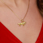 Gold lion necklace on a person wearing a red top
