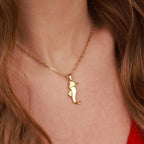 A gold necklace with a unique seahorse pendant worn by a person with brown hair.