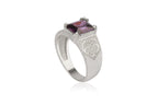 Radiant cut amethyst ring with engraved motifs - decoupage
