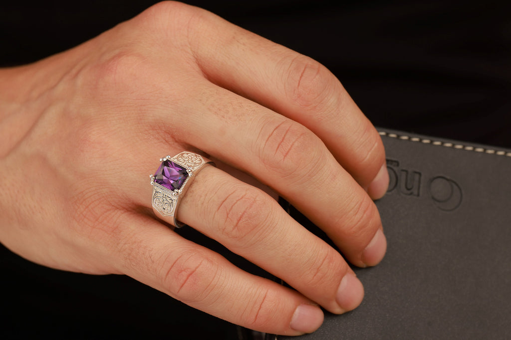 Radiant cut amethyst ring with engraved motifs - male model 3