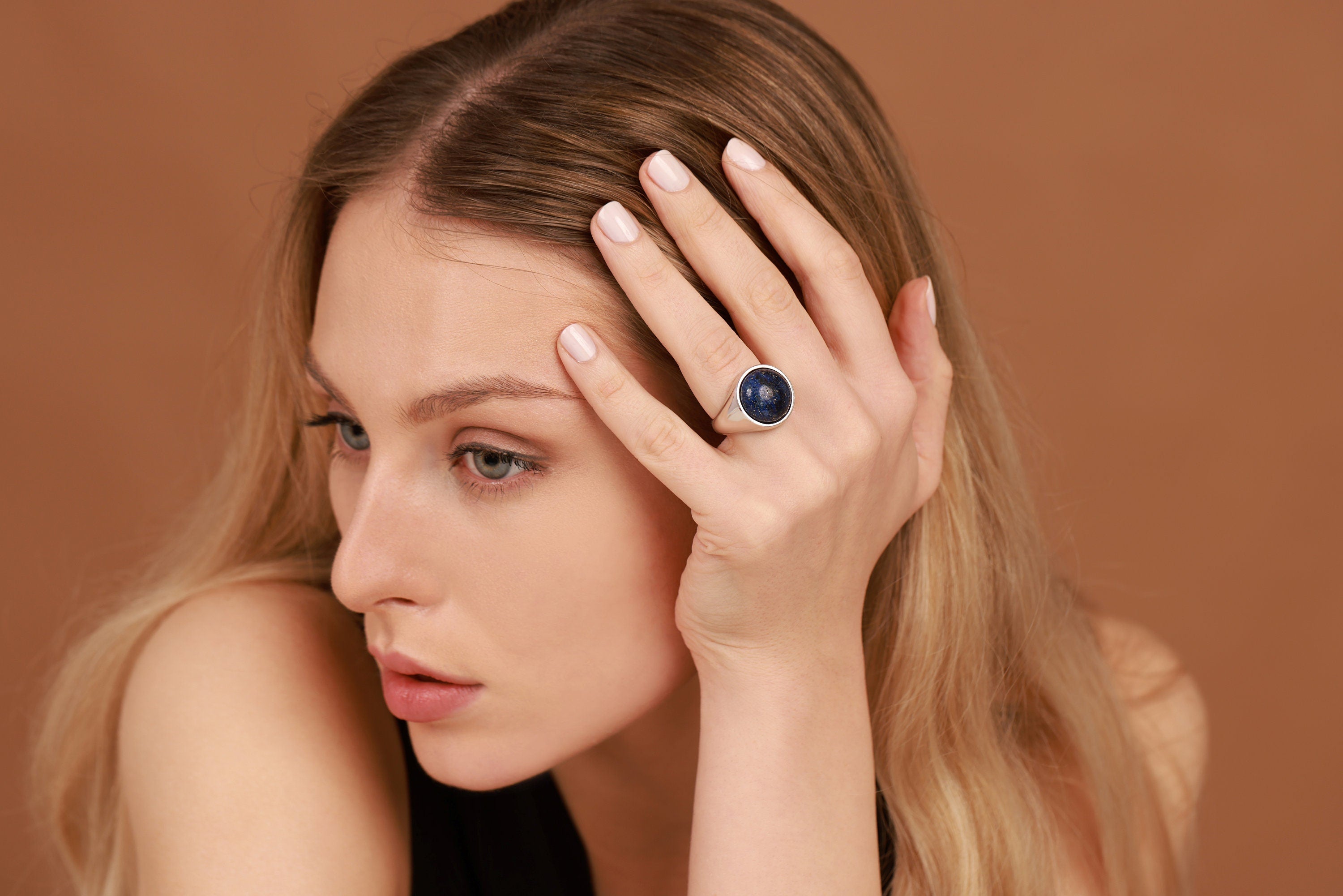 Sterling silver chunky ring with lapis lazuli - EternityPieces