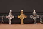 Three Crowns of thorns jesus cross pendant, polished silver, gold vermeil and oxidized on black background 