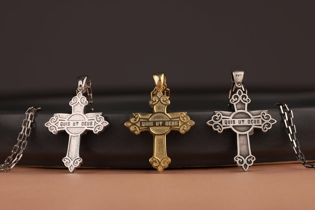 Quis ut Deus Saint Michael cross necklace in still-life - EternityPieces