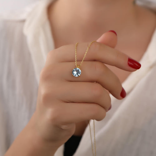 Aquamarine Round Cut Birthstone Necklace in Silver or Gold - EternityPieces
