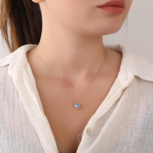 Aquamarine Round Cut Birthstone Necklace in Silver or Gold - EternityPieces