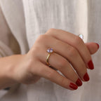 Hand wearing a gold ring with a purple gemstone against a white background
