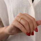 Hand wearing a gold ring with a white background