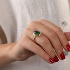Hand wearing a gold ring with a green gemstone against a neutral background