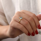 Hand wearing a gold solitaire ring with a blue gemstone against a neutral background