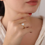 Close-up of a hand wearing a gold ring with a diamond, touching the chin.