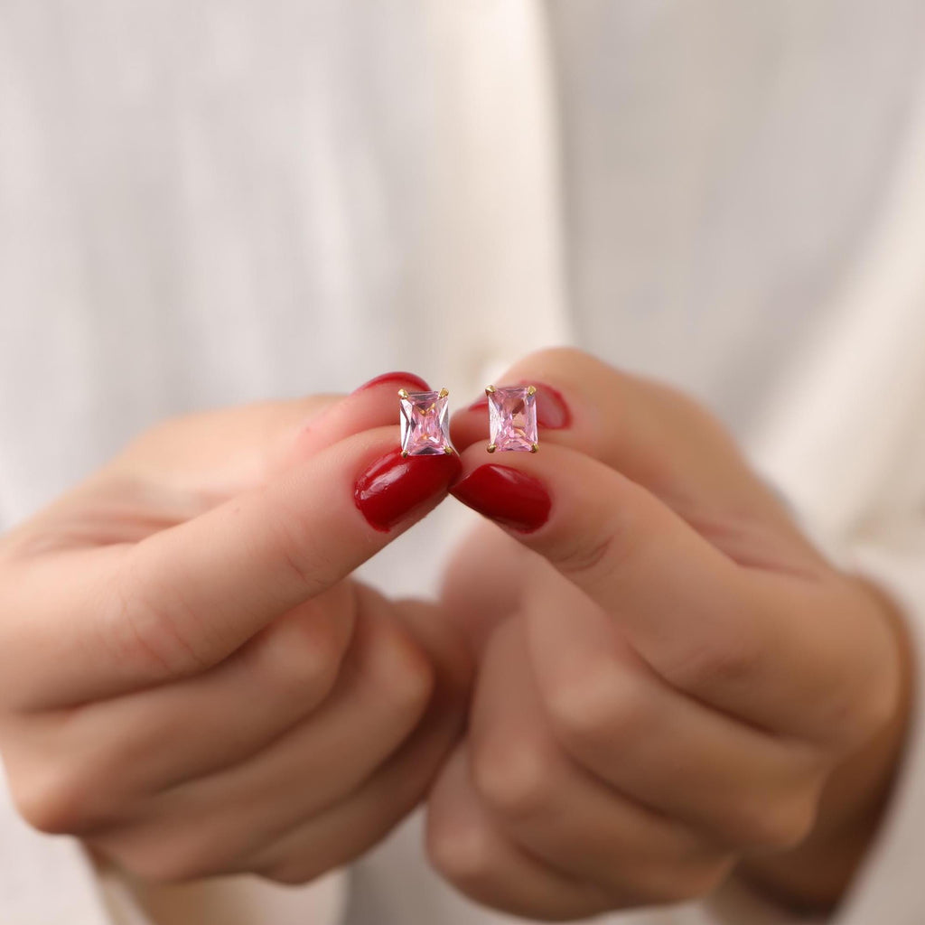 Radiant pink tourmaline earrings studs - EternityPieces