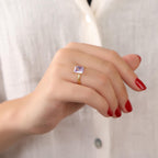 Hand wearing a gold ring with a purple gemstone against a white background