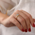 Hand wearing a gold ring with a blue topaz on a neutral background