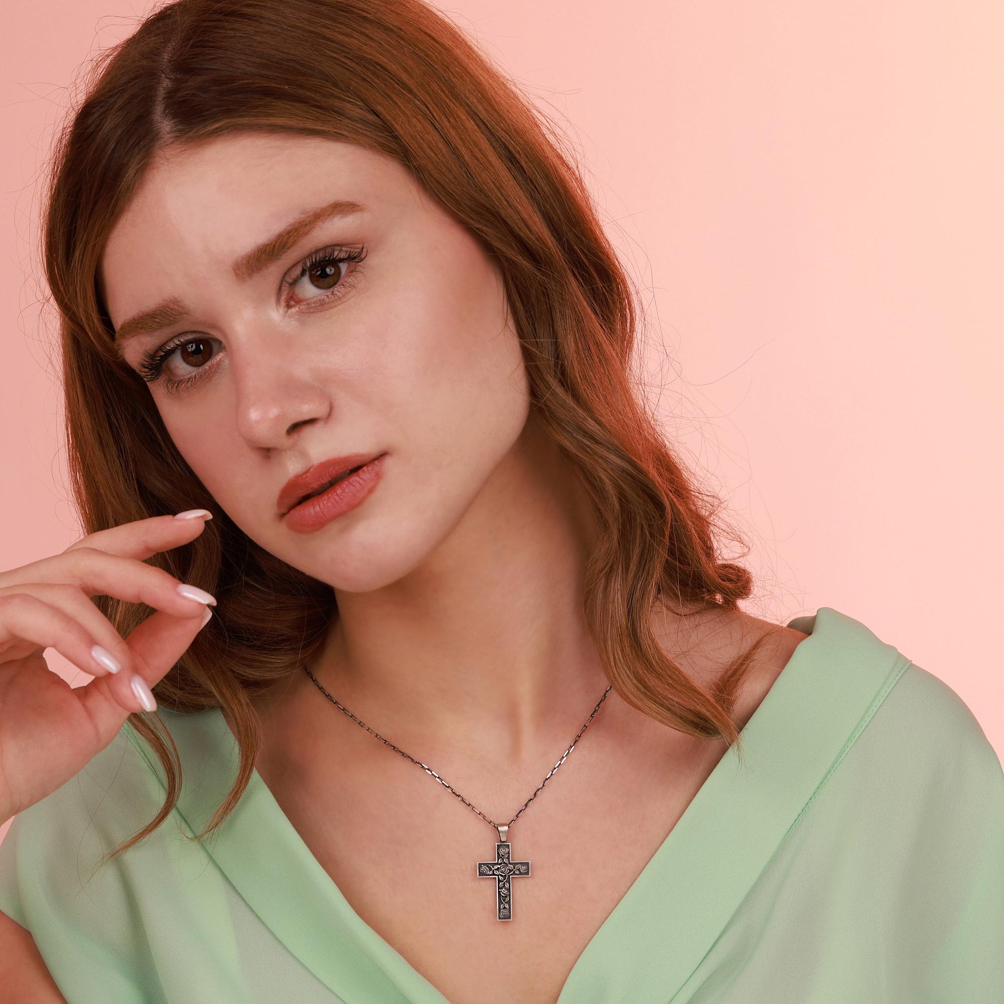 Rose branch in the cross pendant in oxidized- EternityPieces