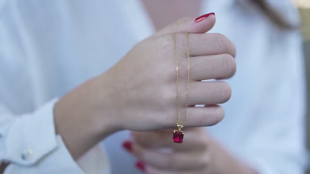 Radiant Cut Ruby Necklace, Gold Vermeil, July Birthstone