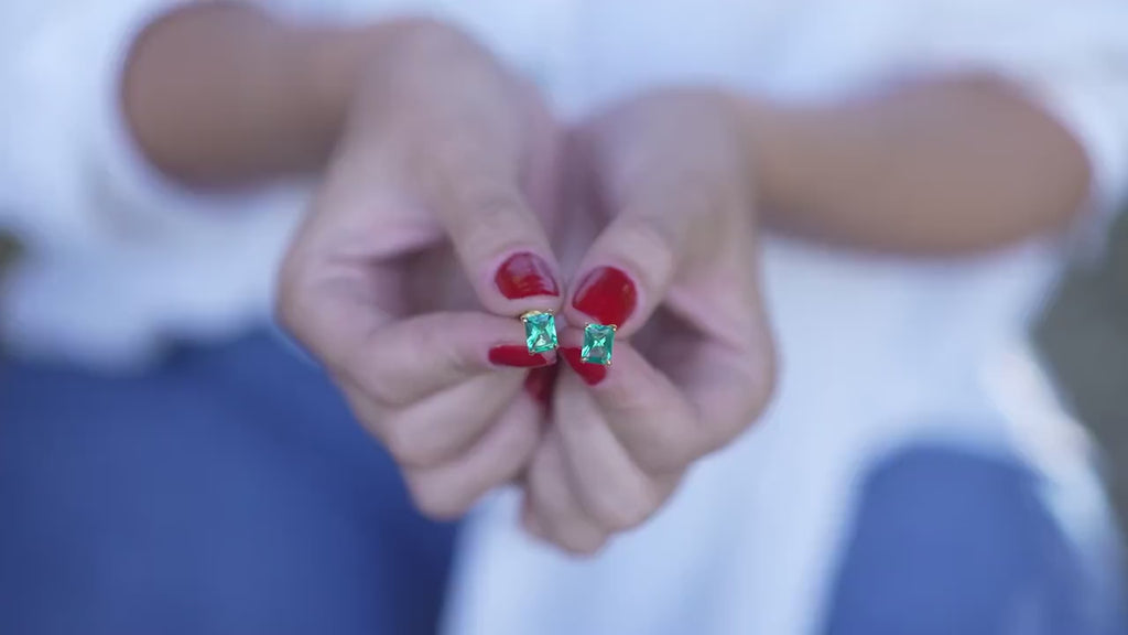 Radiant Cut Paraiba Tourmaline Stud Earrings, 14K Gold Vermeil