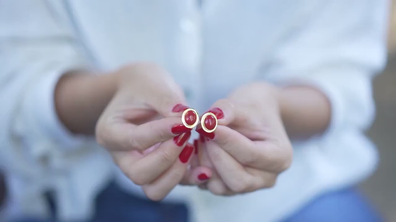 Red Coral Stud Earrings, 925 Sterling Silver, Gold Vermeil, Boho Gemstone