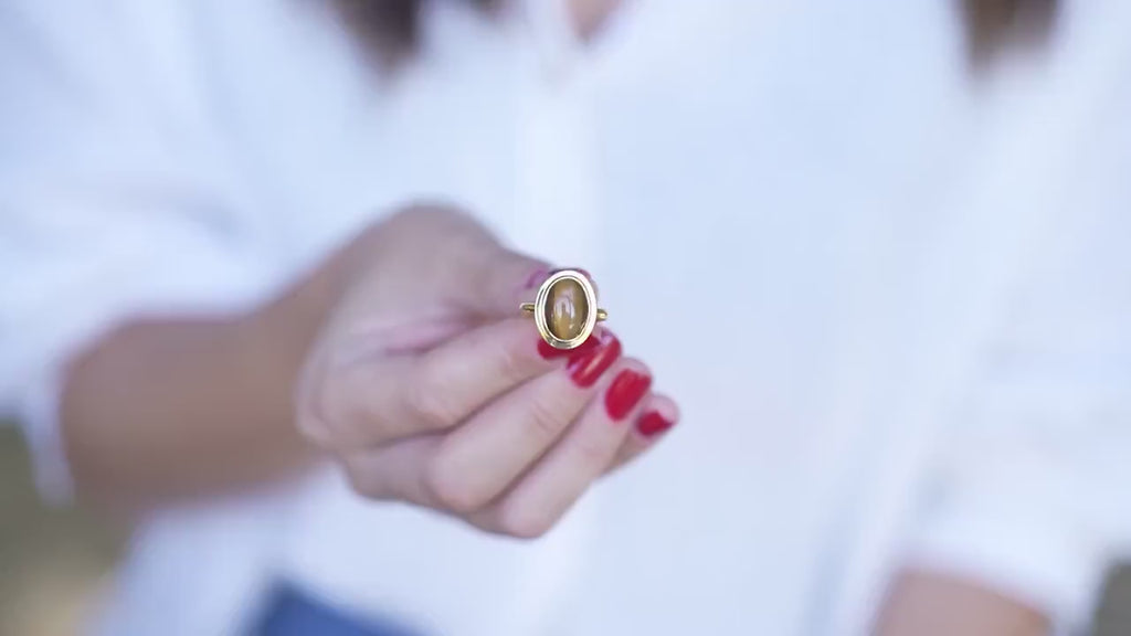 Tiger's Eye Oval Bezel Ring in Victorian Style - EternityPieces