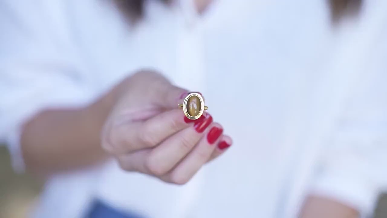 Tiger's Eye Oval Bezel Ring in Victorian Style - EternityPieces