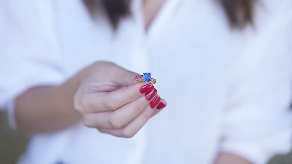 Radiant Cut Sapphire Ring, Sterling Silver, September Birthstone