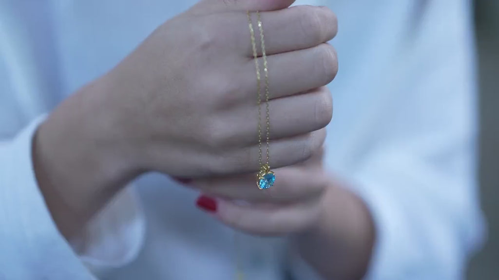 Blue Topaz Necklace, 14K Rose Gold Solitaire Pendant