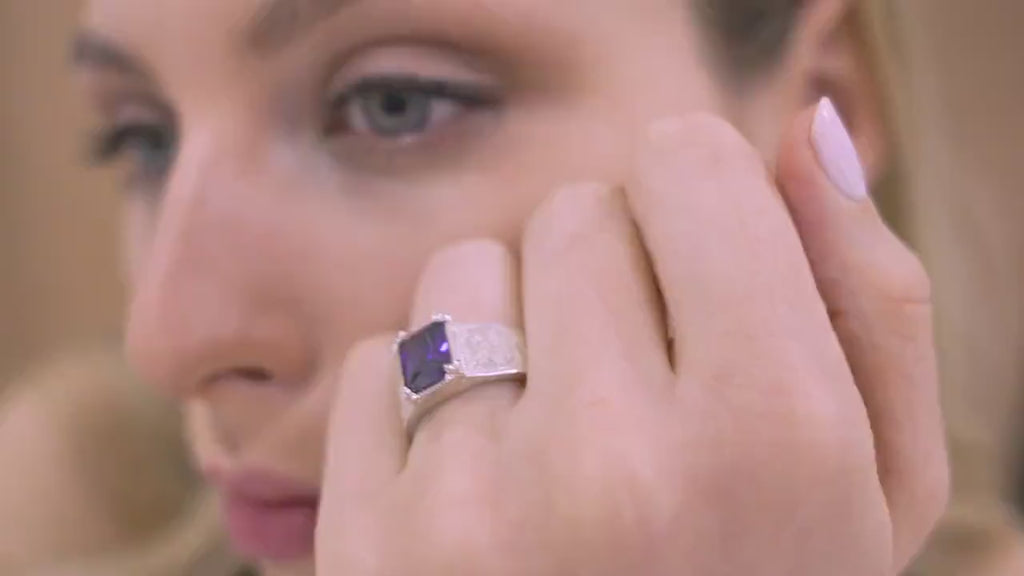 Radiant Cut Amethyst Sterling Silver Ring, Engraved Leaf Motifs