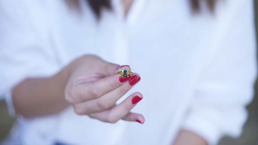Peridot Radiant Cut Birthstone Ring in Silver or 14K Gold