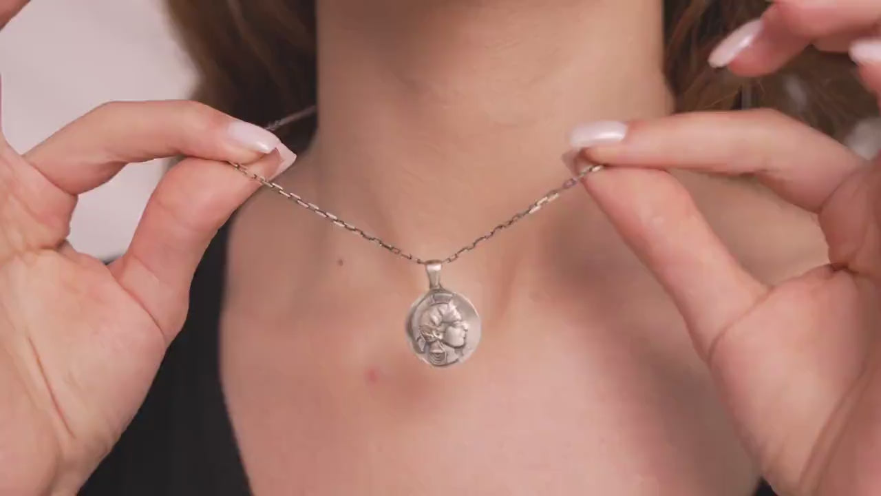 Athena Owl Coin Necklace, Sterling Silver Greek Mythology Pendant