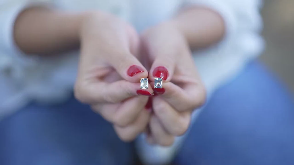 Radiant Cut Aquamarine Stud Earrings, 14K Gold Vermeil, Dainty Gemstone