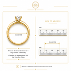 A ring size measurement guide showing a gold ring with a diamond, labeled 'DIAMETER,' alongside two ruler examples with millimeter scales and the heading 'HOW TO MEASURE.'.