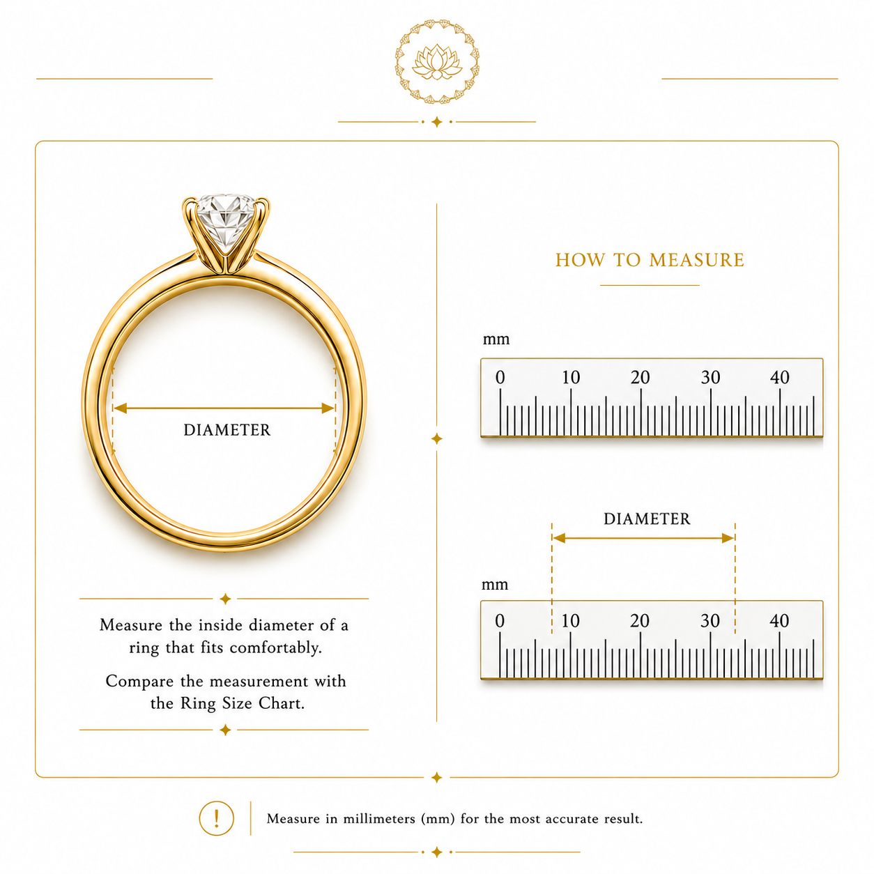 A ring size measurement guide showing a gold ring with a diamond, labeled 'DIAMETER,' alongside two ruler examples with millimeter scales and the heading 'HOW TO MEASURE.'.